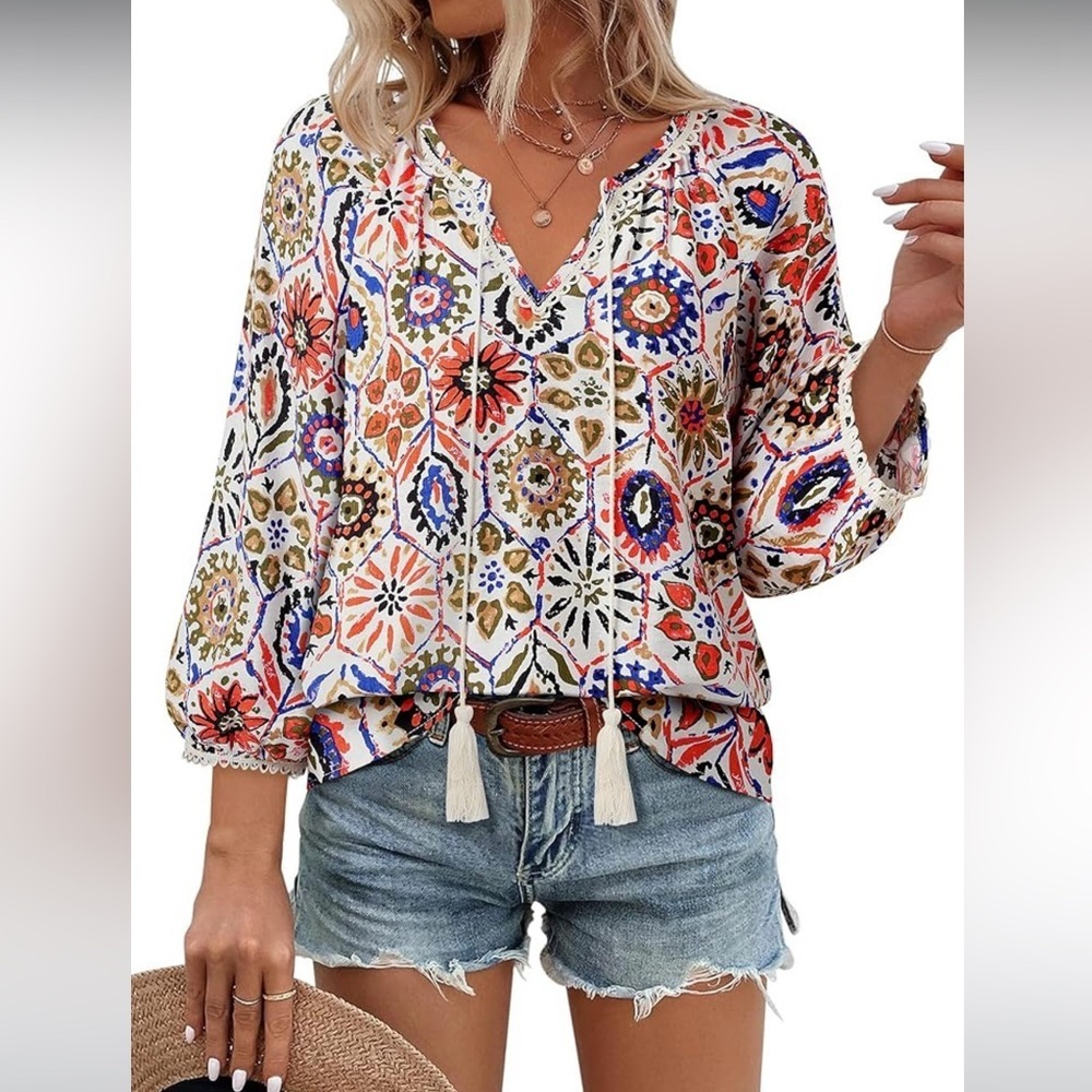 Boho Floral Peasant Blouse XL Tassel Tie Top Bohemian Festival Tunic